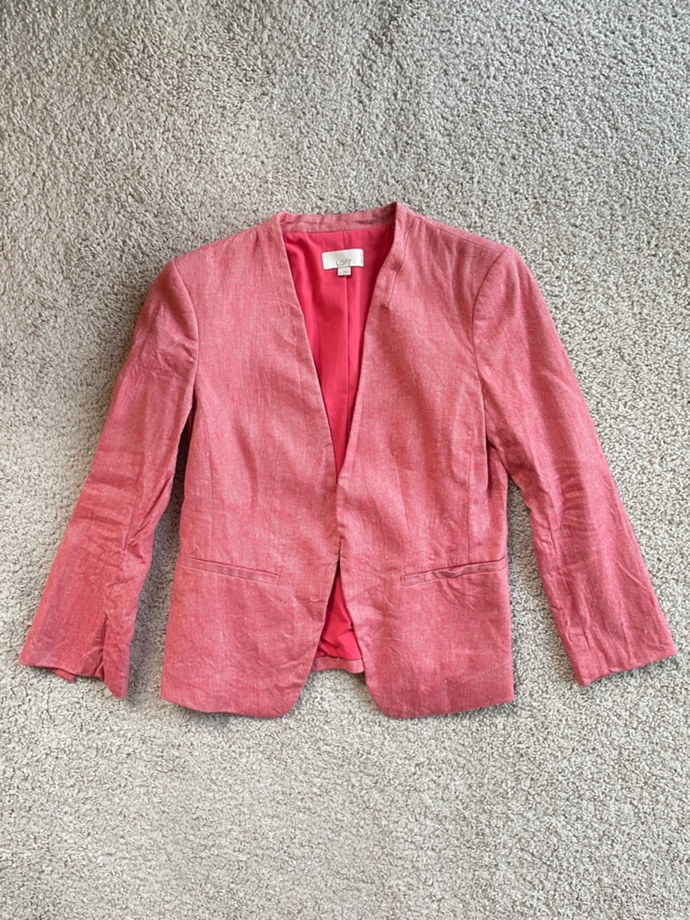 LOFT Coral Pink Woven Textured Open Front Single Hook Blazer Suit Jacket Size 0